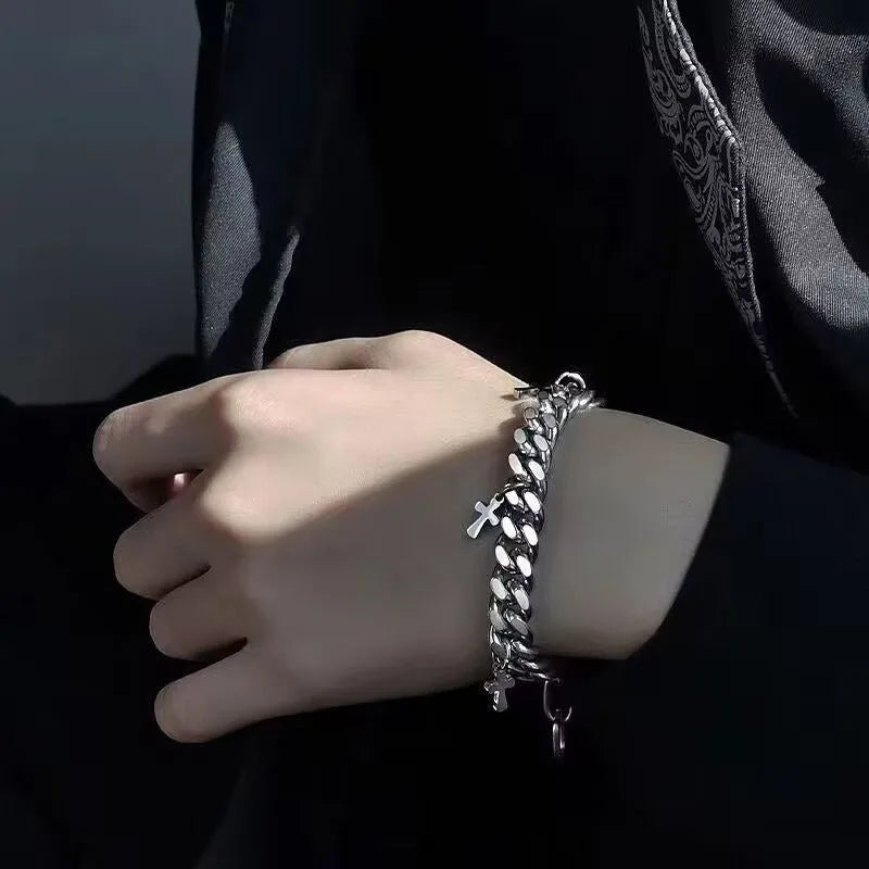Men's titanium steel bracelet with a geometric cross design in a cold wind style.