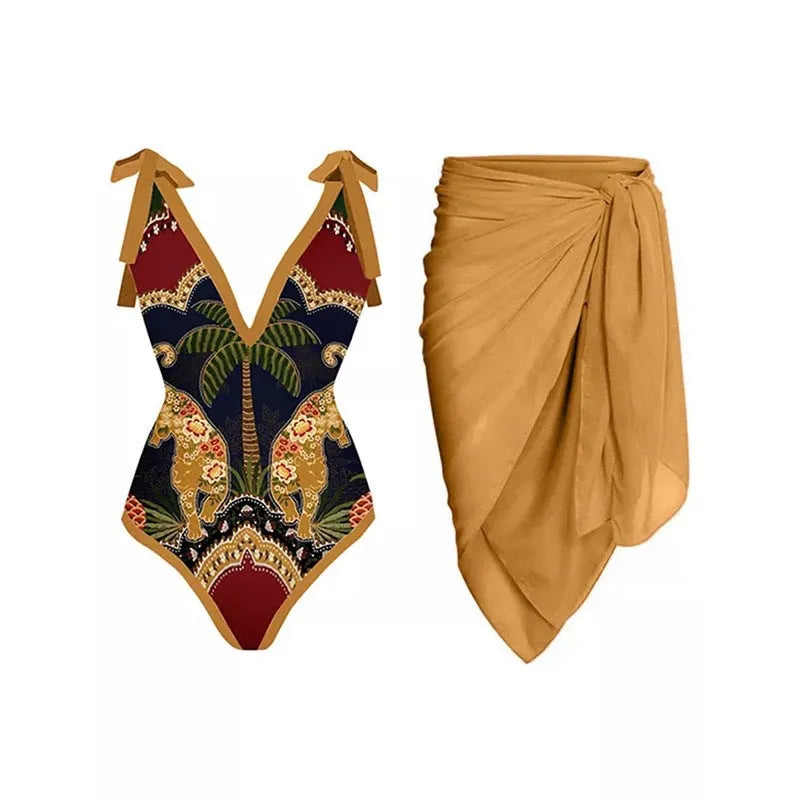 Solid colour women's one-piece swimsuit with thin spaghetti straps and a removable wrap skirt.