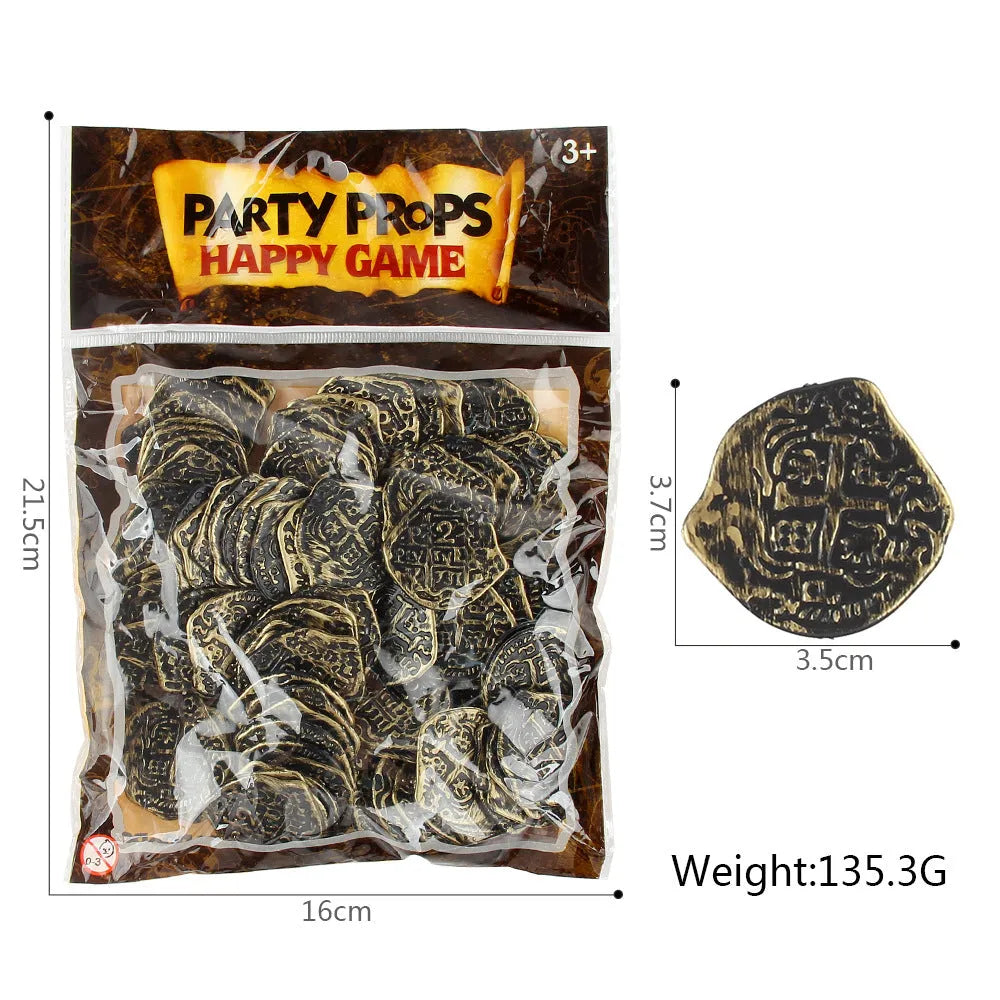 Set of 100 electroplated plastic Roman coins in a pile, showing gold, silver, and bronze metallic finishes.
