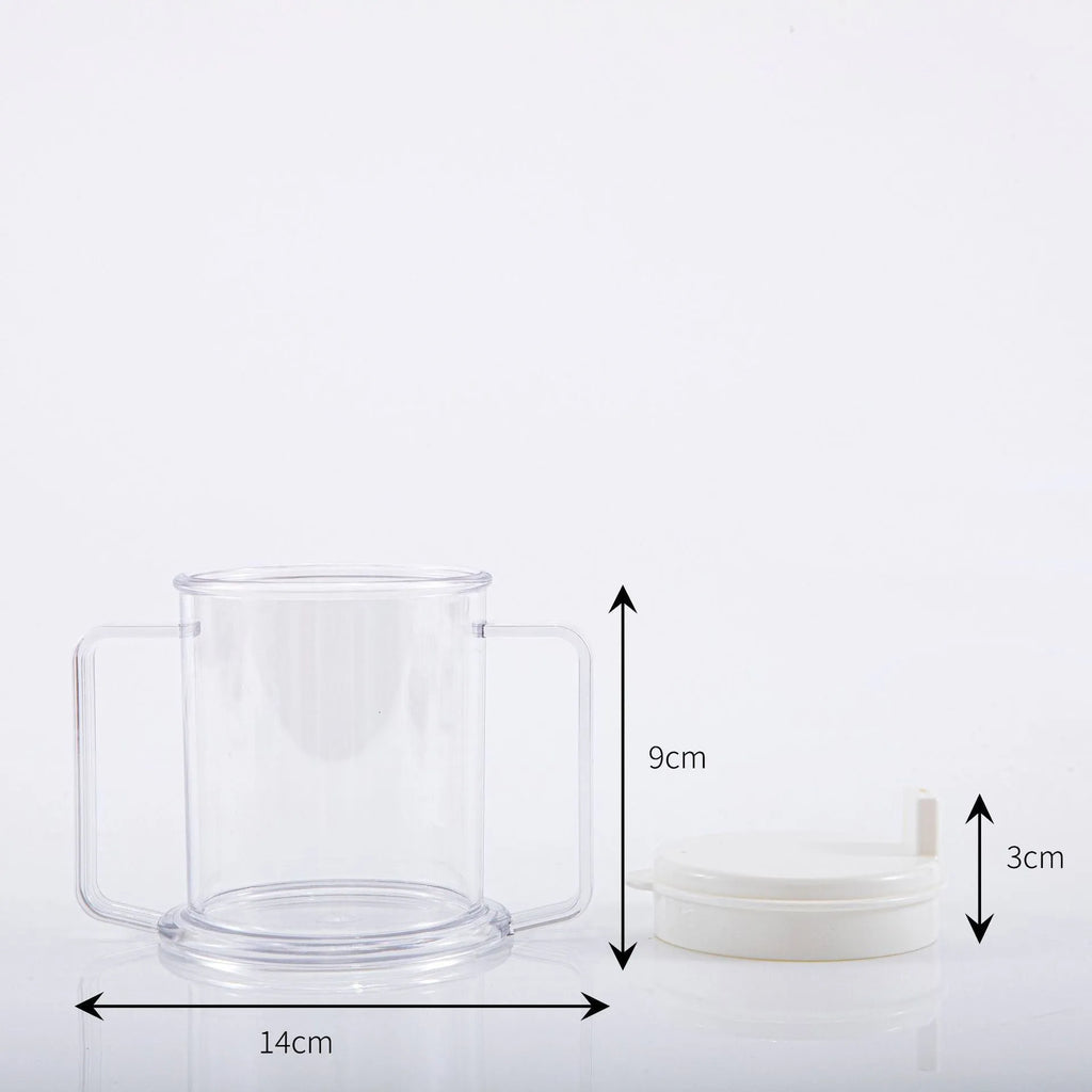 Transparent plastic drinking cup with secure lid showing dimensions and spill-proof design