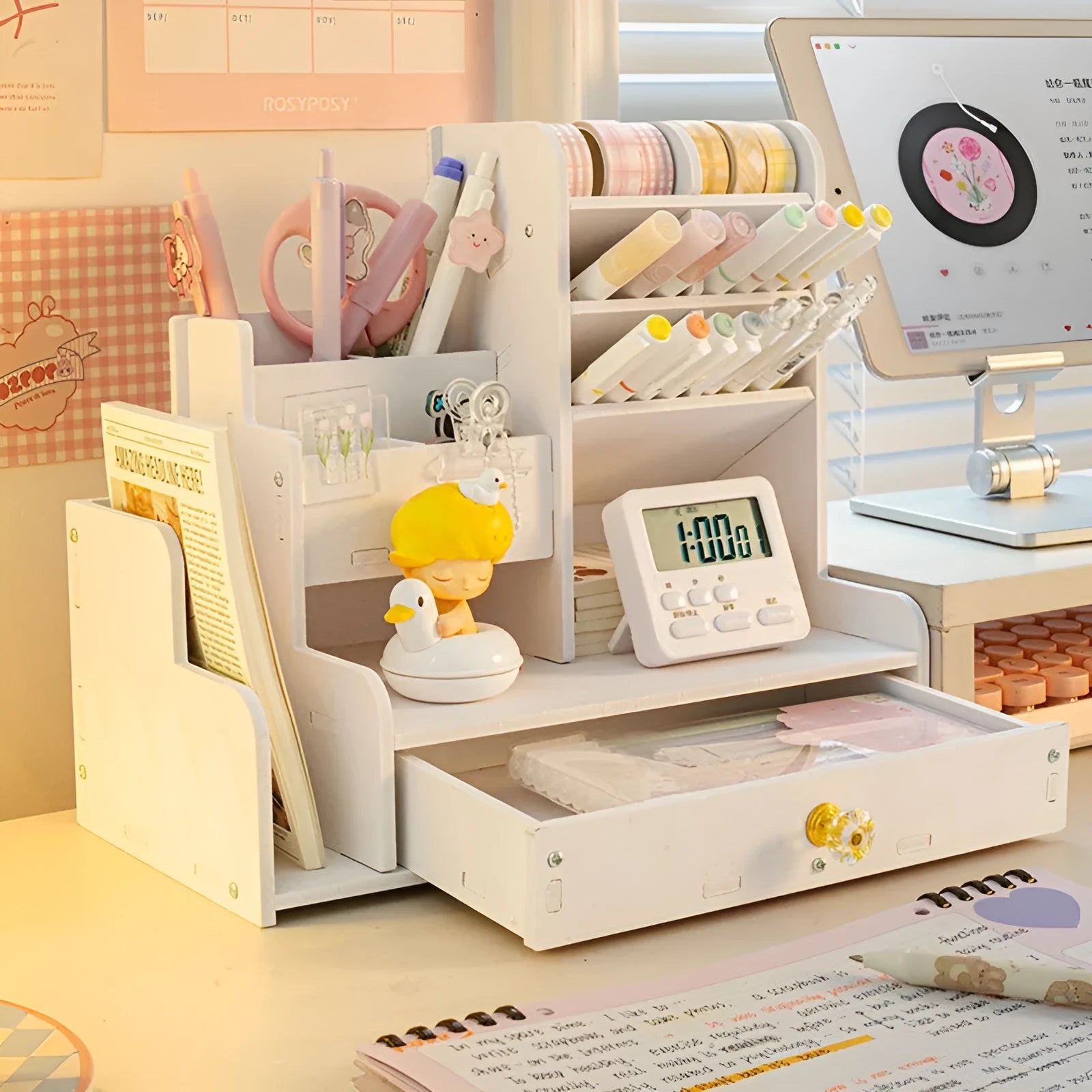 Square plastic oblique insertion pen holder storage box with multiple compartment grids for desk organisation