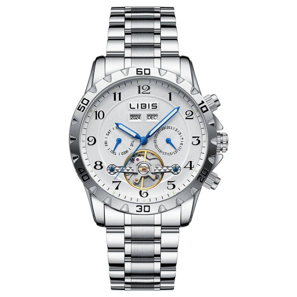 Men's silver stainless steel automatic perpetual calendar mechanical watch with a business-style dial.