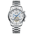 Men's silver stainless steel automatic perpetual calendar mechanical watch with a business-style dial.