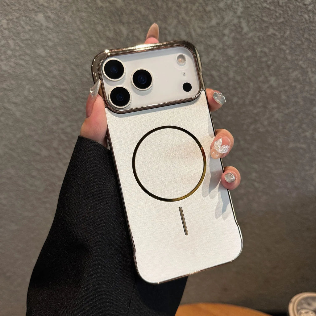 Electroplating frameless magnetic phone case for iPhone 17 in multiple colours showing half pack design