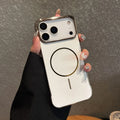 Electroplating frameless magnetic phone case for iPhone 17 in multiple colours showing half pack design