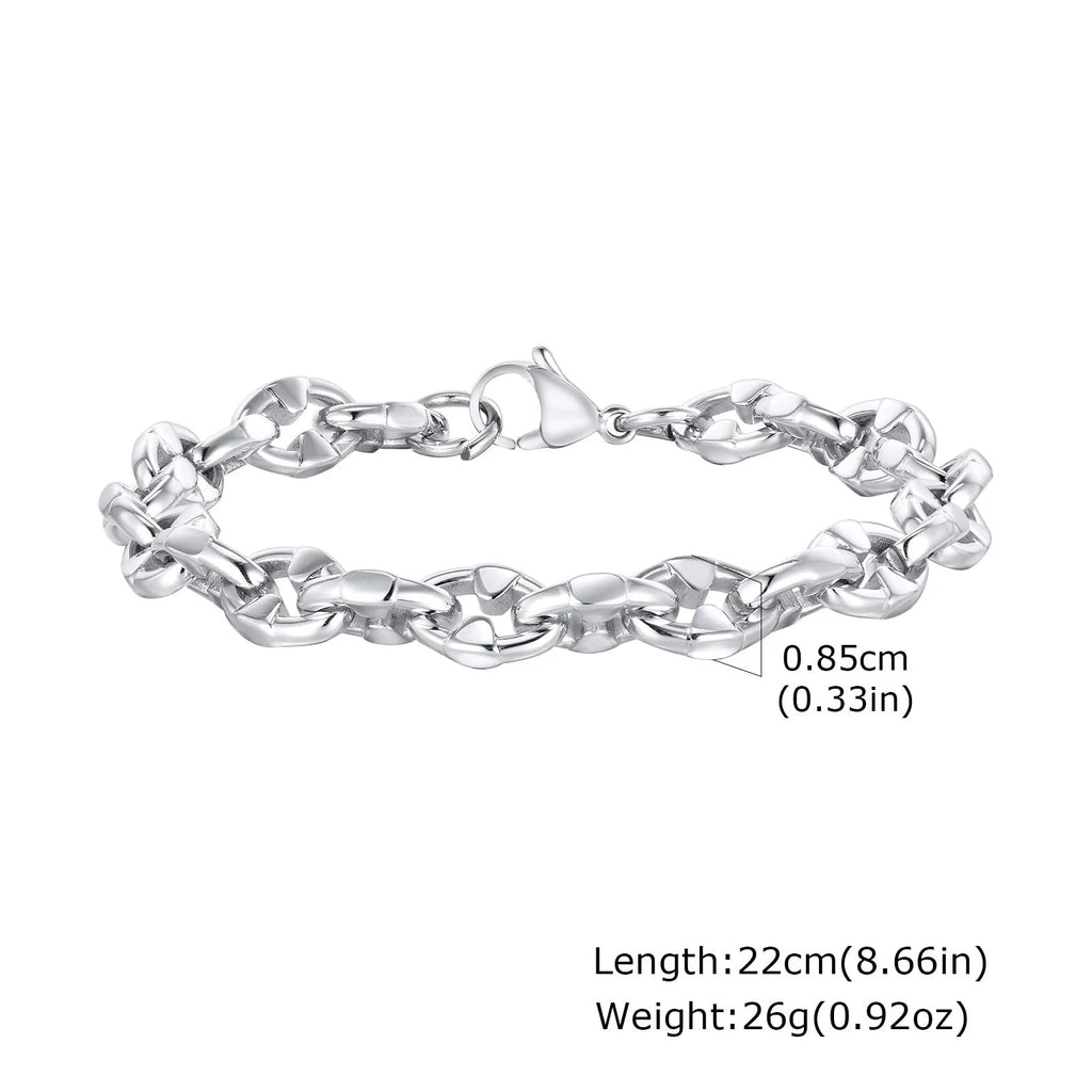 Men's thick handmade stainless steel chain bracelet with geometric links in steel colour.