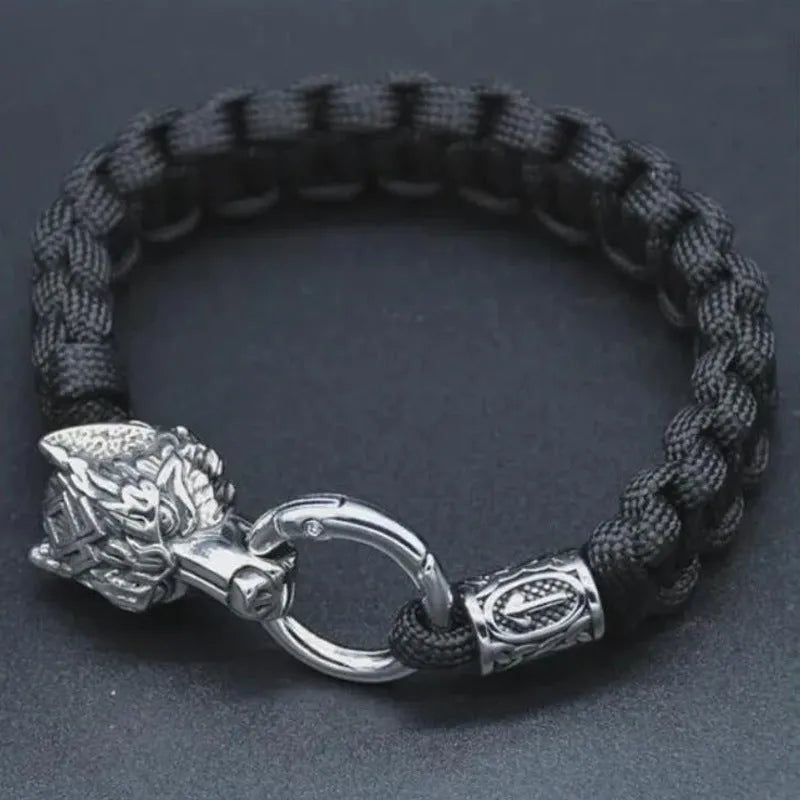 Handmade titanium steel wolf head bracelet with Luen character in camouflage colour.
