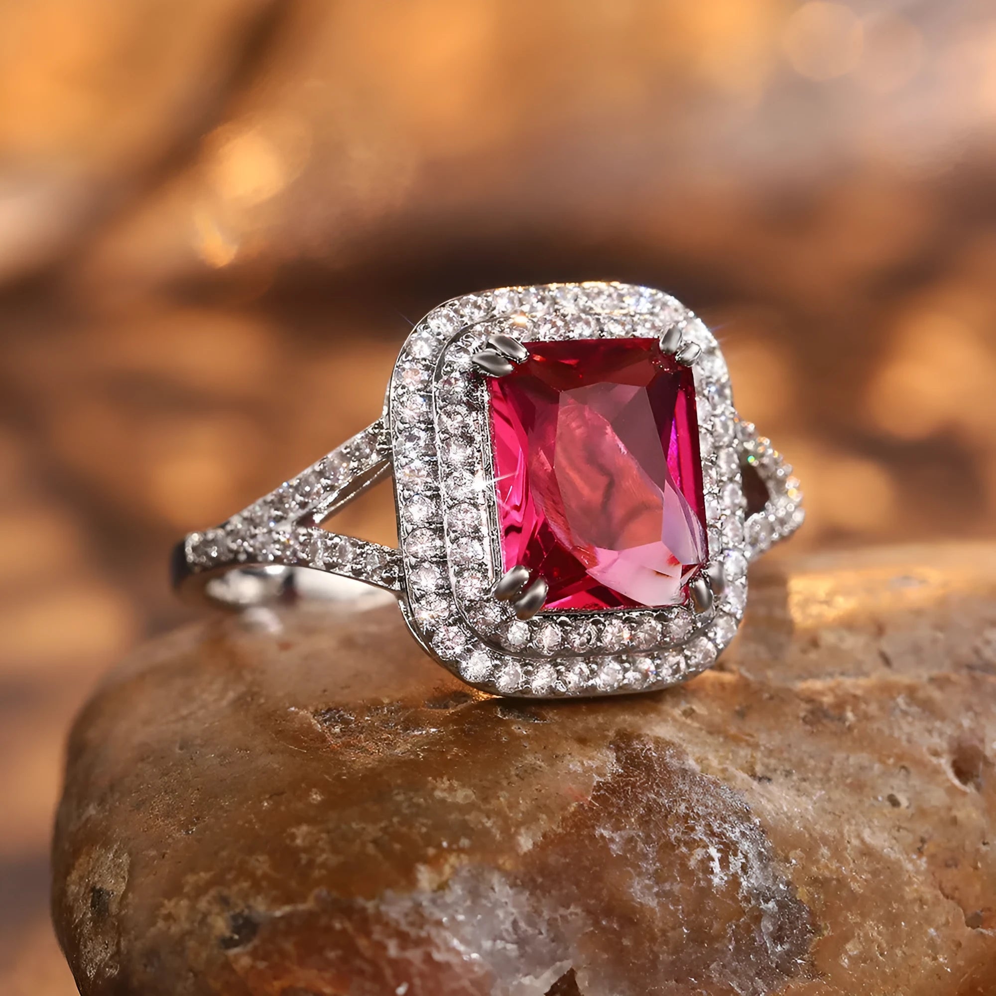 Women's square princess cut copper ring with rhinestones in F827 Red colour.