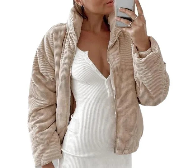 Women's apricot corduroy wadded jacket with stand collar and zip front in street fashion style