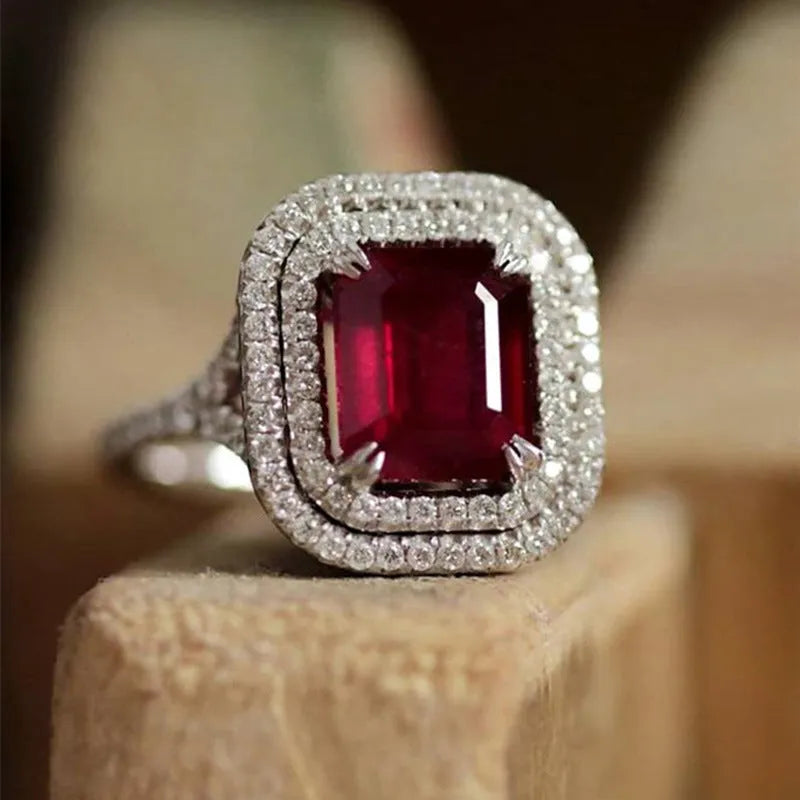 Women's square princess cut copper ring with rhinestones in F827 Red colour.