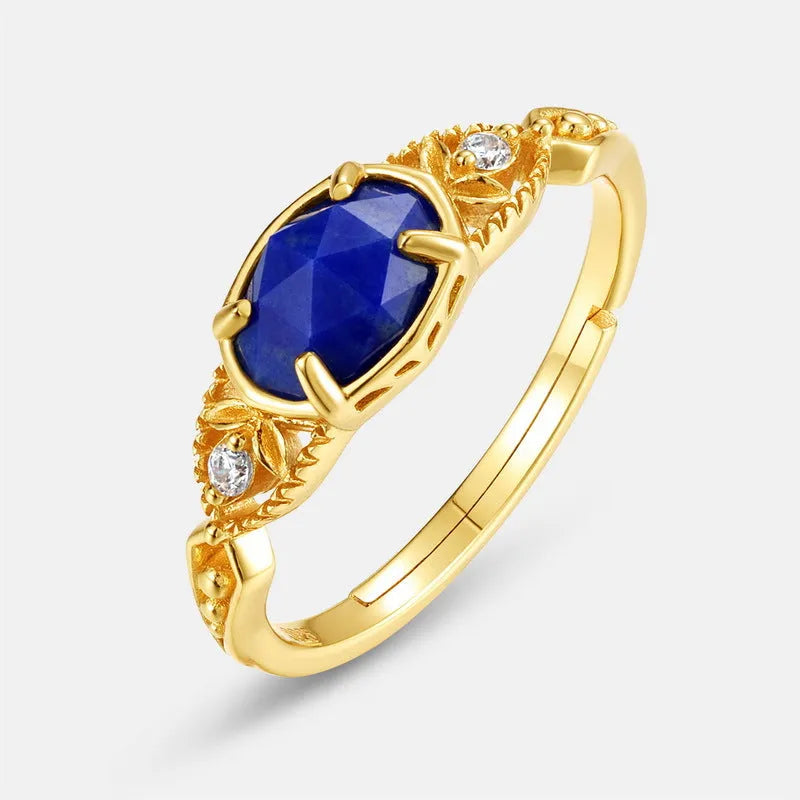 Geometric lapis lazuli silver ring with ellipse stone shape and Japanese design style