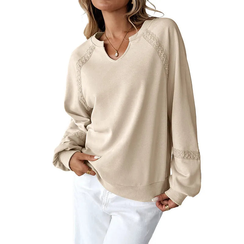 Women's loose fit long sleeve sweater with half-open collar and decorative lace stitching detail