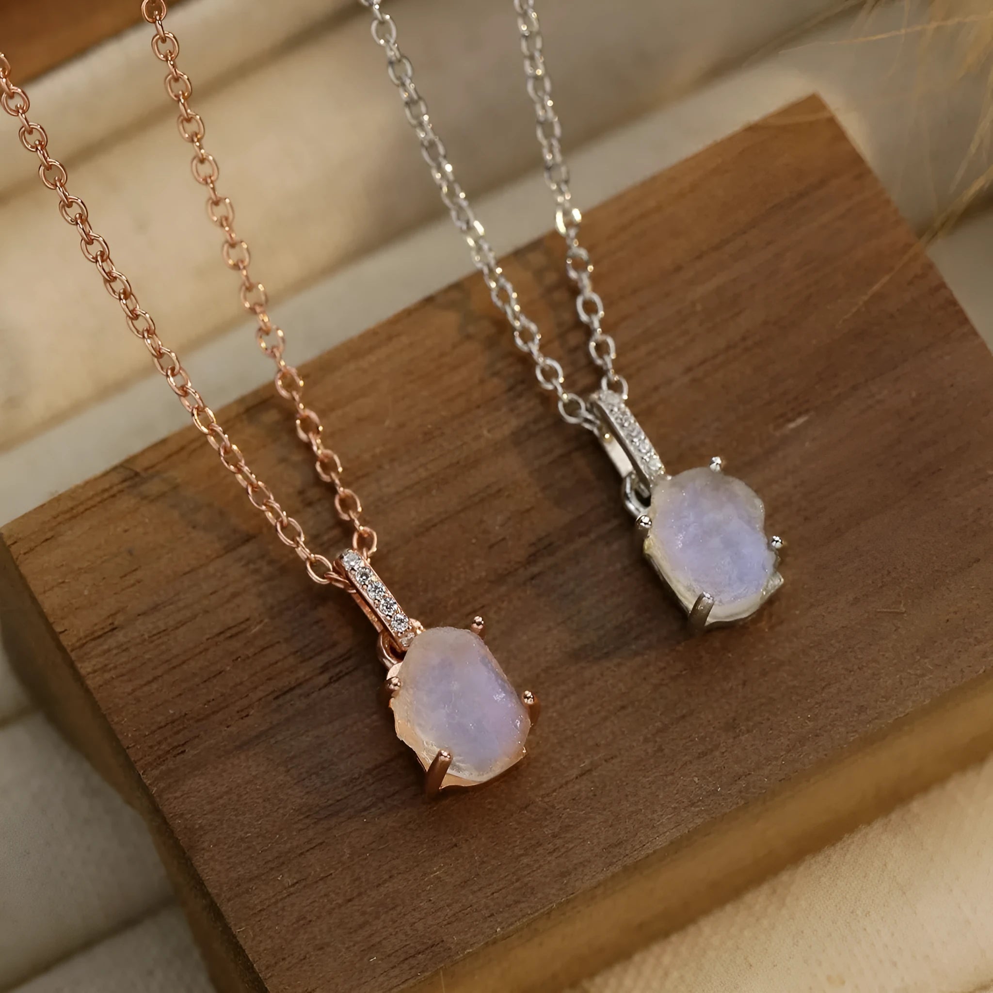 Sterling silver moonstone geometric pendant necklace with adjustable curb chain in rose gold or platinum colour