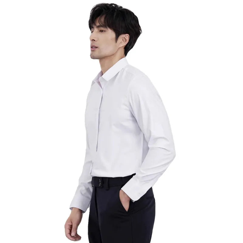 Men's wine red slim fit long sleeve cardigan shirt on a hanger.