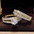2-in-1 fully-jewelled female ring set in geometric design with diamond detailing, shown in silver, gold, and rose gold finishes