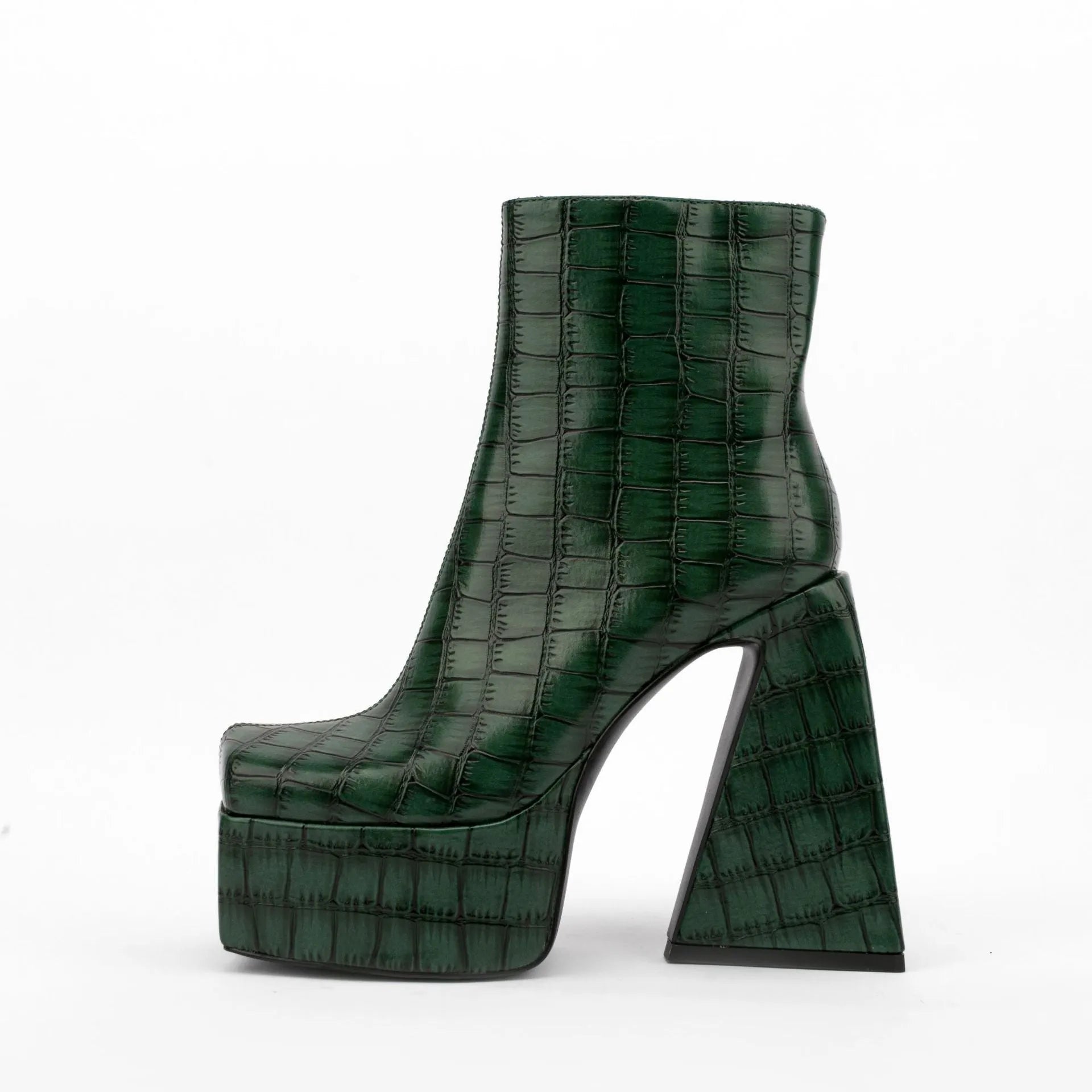 Women's ankle boots in artificial PU leather with a super high heel, shown in red, green, black, beige, and brown colours.