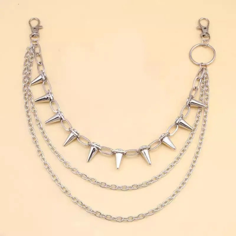 Silver metal trousers chain with double layers, zipper detail and rivet accents on 115cm adjustable chain