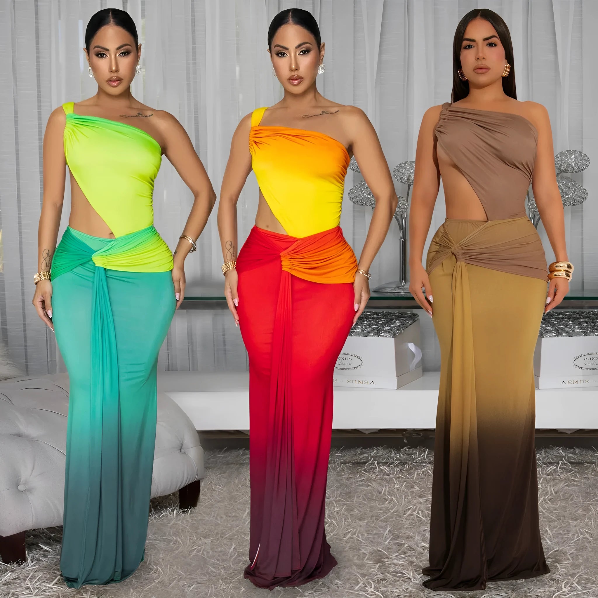 Women's gradient colour asymmetric cross-shoulder sleeveless dress with a high waist and long skirt.