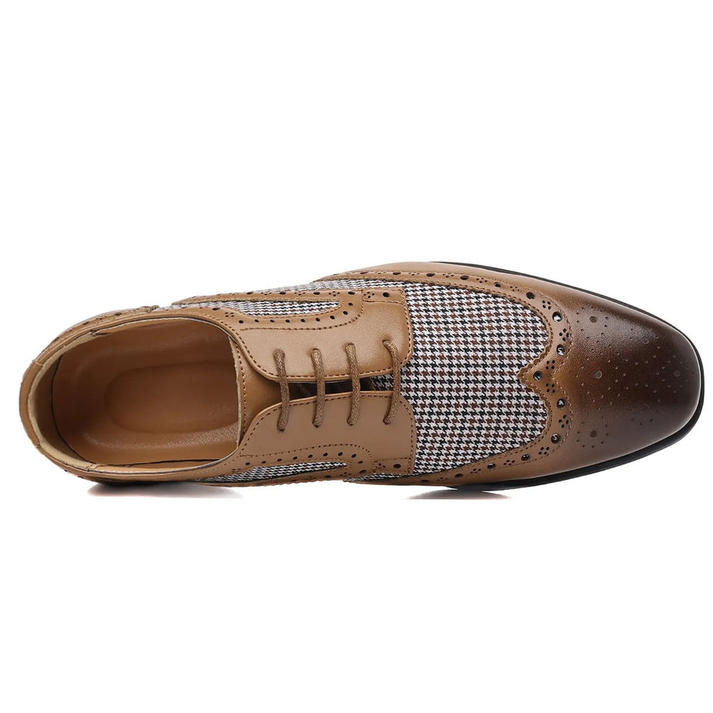 Men's black houndstooth pattern casual shoes with square toe and lace-up front.