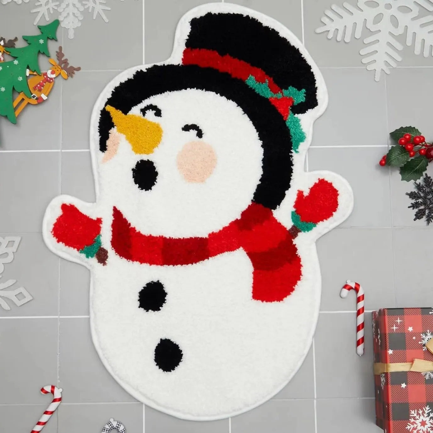 Christmas-themed polyester hallway mat with festive Santa Claus design and non-slip backing