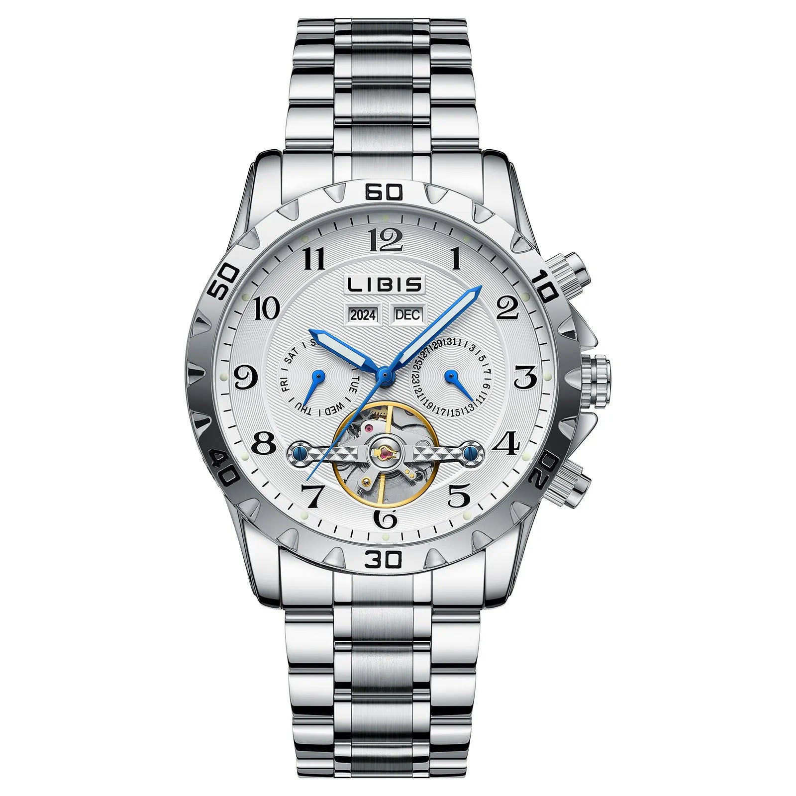 Men's silver stainless steel automatic perpetual calendar mechanical watch with a business-style dial.