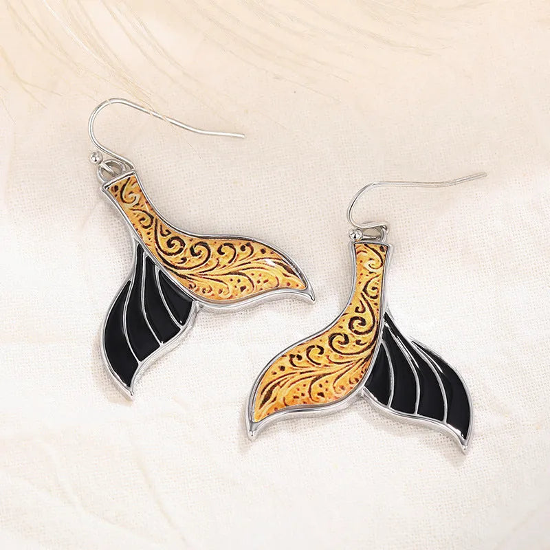 Women's retro fish tail earrings with whale design in white gold colour alloy