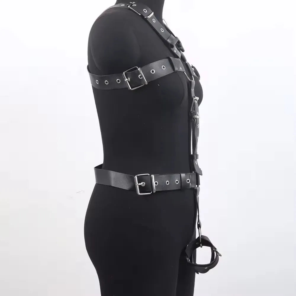 Black imitation leather bondage suit set with thin corset belt and adjustable pin buckle.