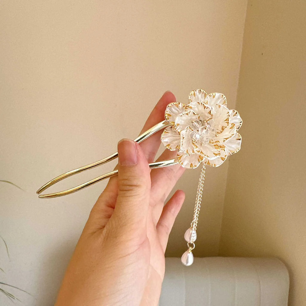 Purple and white alloy U-shaped hairpin with peony flower tassel design