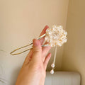 Purple and white alloy U-shaped hairpin with peony flower tassel design