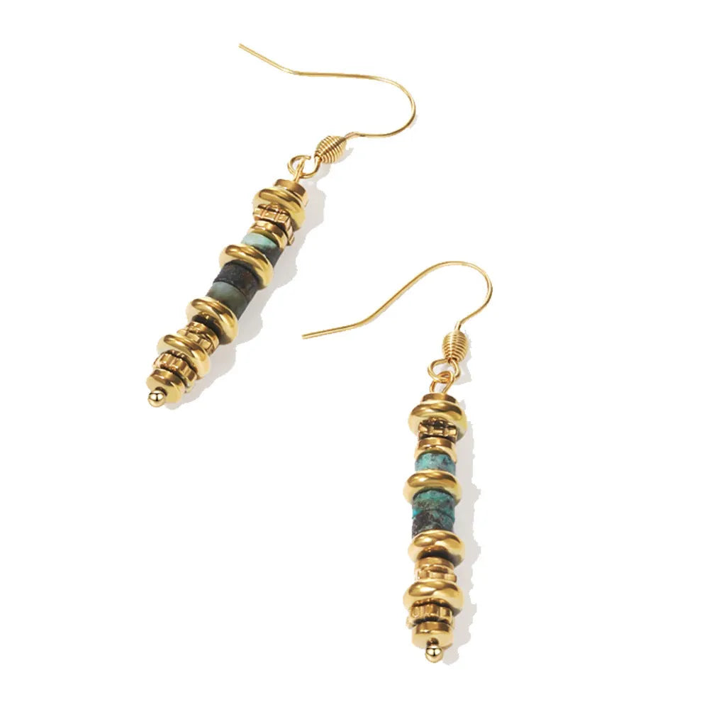 A pair of women's geometric retro dangle earrings in titanium steel with an 18K finish.