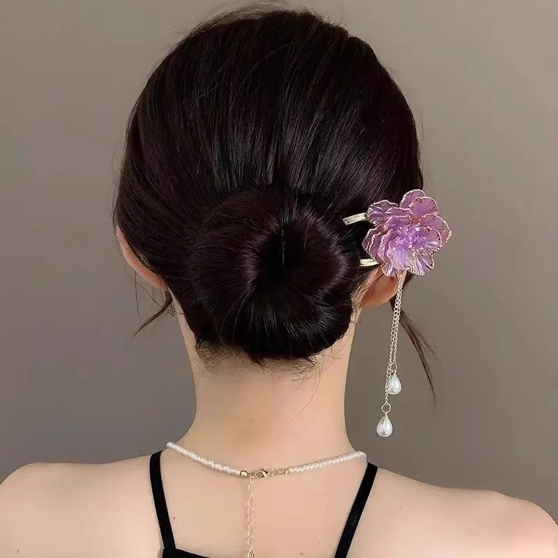 Purple and white alloy U-shaped hairpin with peony flower tassel design