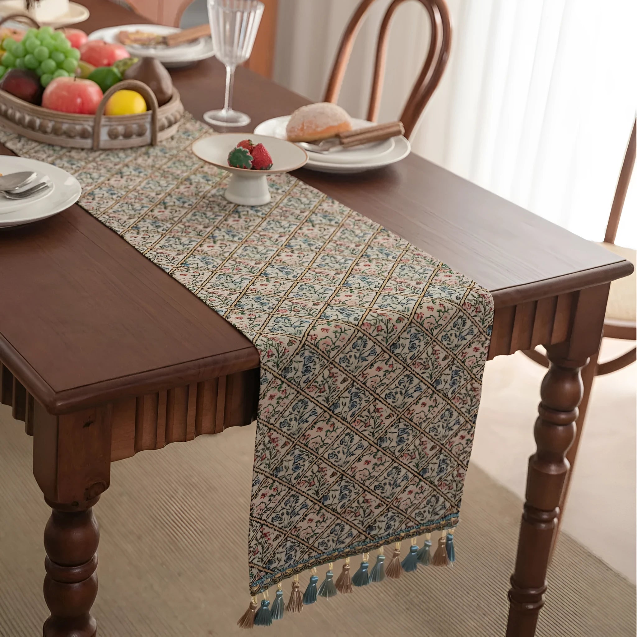 Nordic jacquard table runner with tassel fringe in dark blue with striped pattern on wooden table