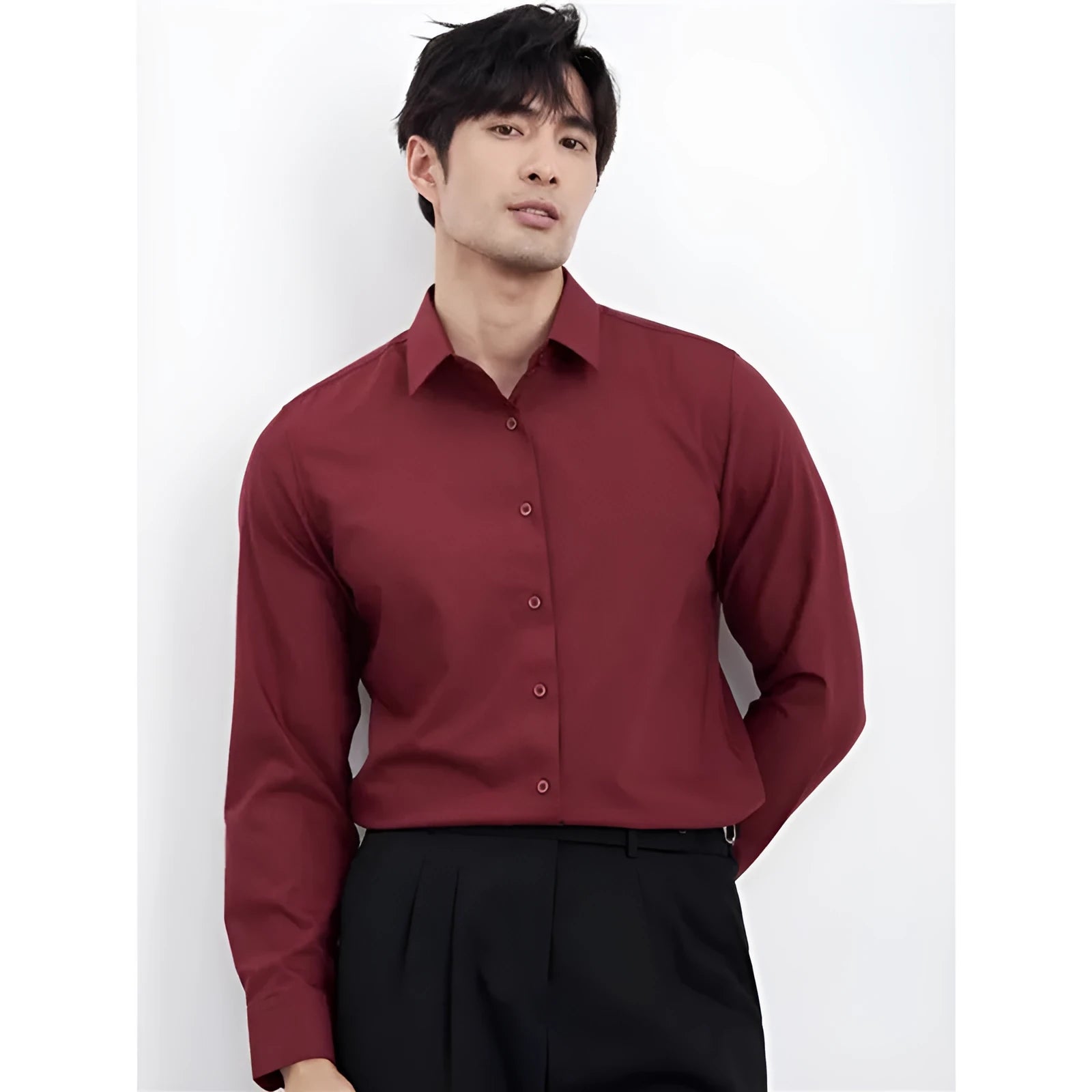 Men's wine red slim fit long sleeve cardigan shirt on a hanger.