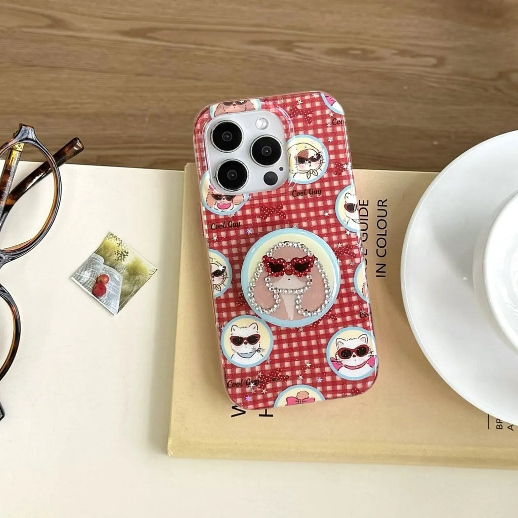 Cartoon glasses puppy spot drill phone case with bracket for iPhone 13-16 in TPU PC material