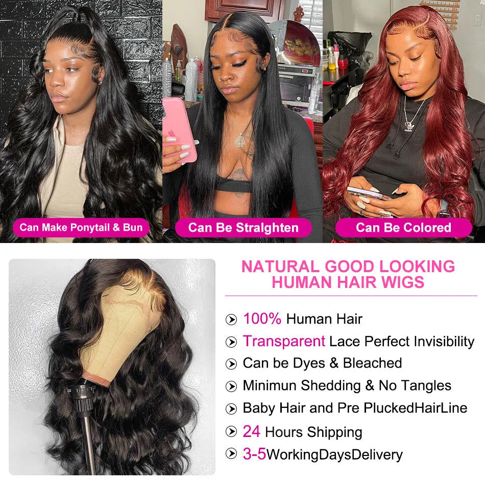 Black synthetic curly wig with front lace and side bangs, shown in long lengths.