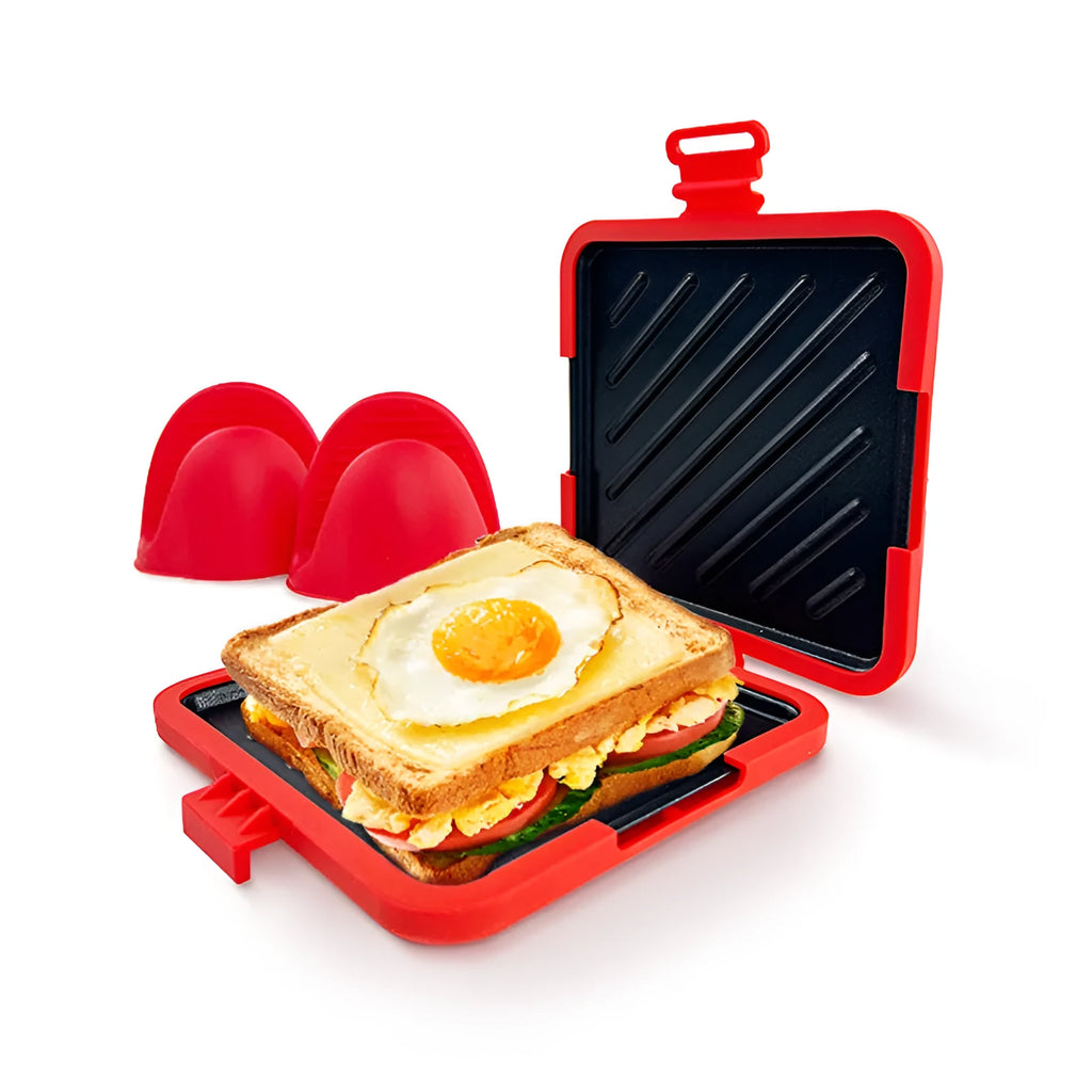 Red silicone baking tray with handbag-style anti-scald grip handles and matching gloves