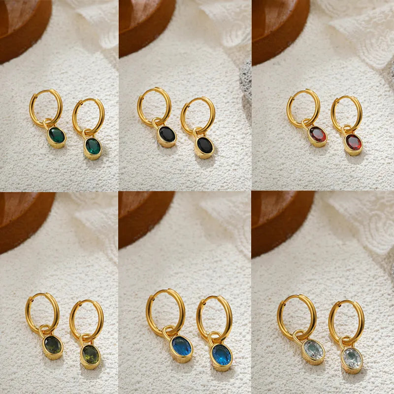 Women's retro oval zircon earrings in copper with six colour options displayed