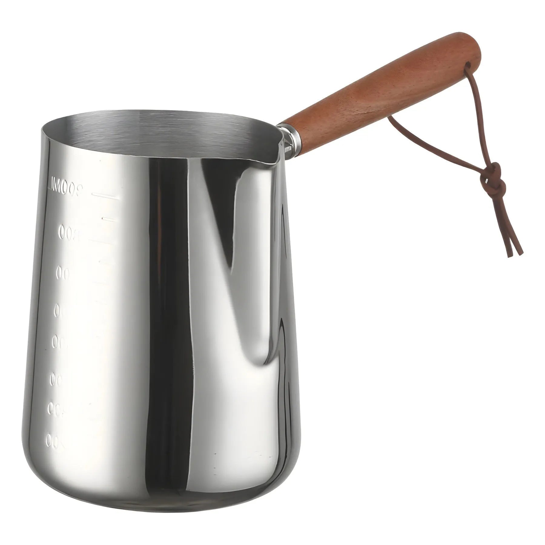 Stainless steel garland coffee cup with wooden handle in 350ml, 600ml and 1000ml sizes.