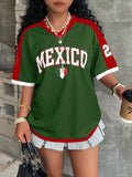 Women's loose fit short sleeve V-neck T-shirt with bold 3D letter printing on the front.