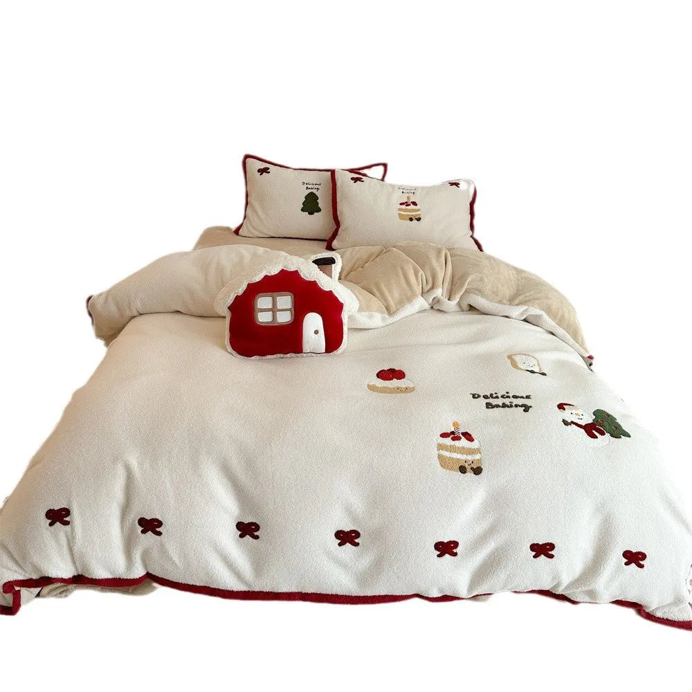 Winter Christmas cartoon bedding four-piece set with heart pattern on polyester fabric