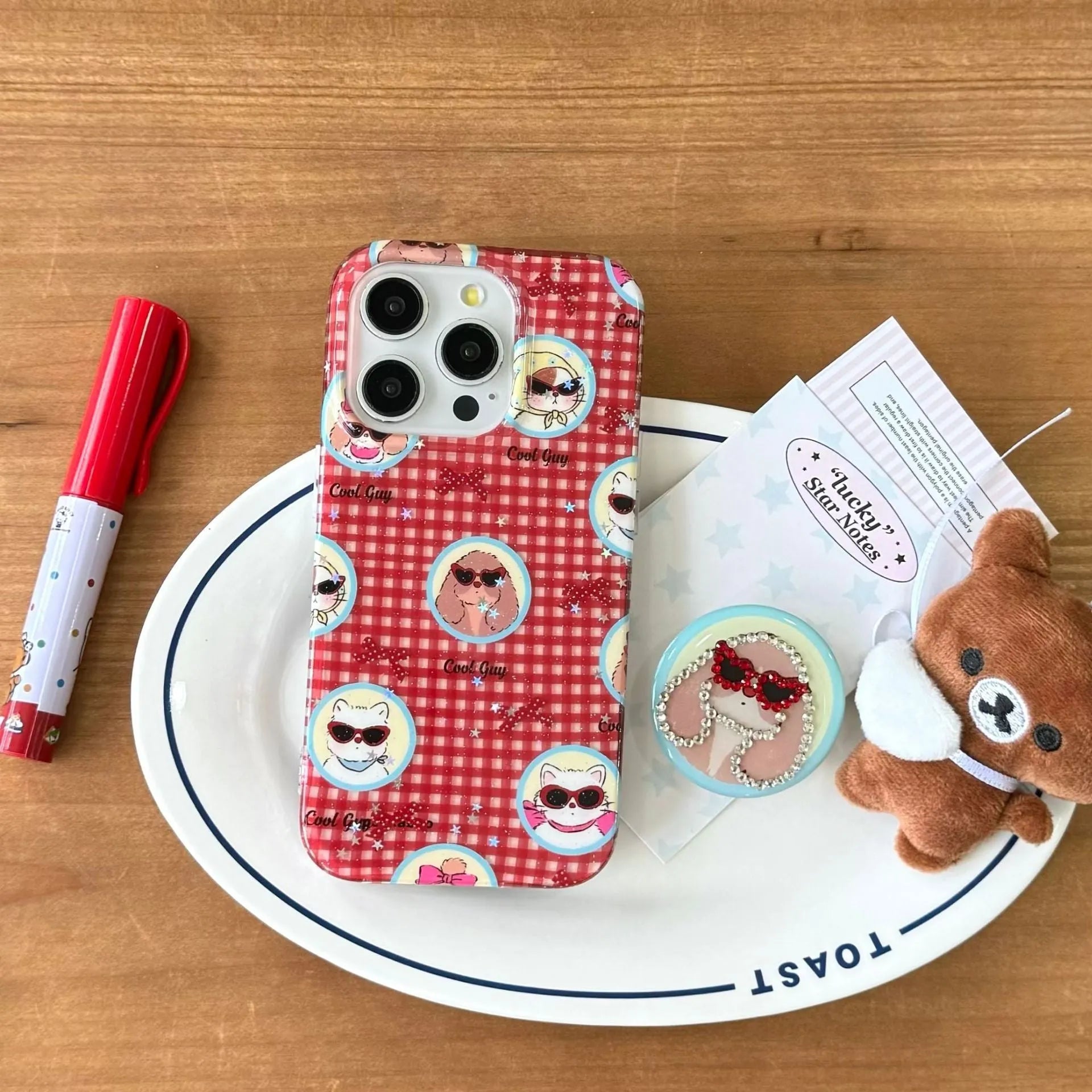 Cartoon glasses puppy spot drill phone case with bracket for iPhone 13-16 in TPU PC material