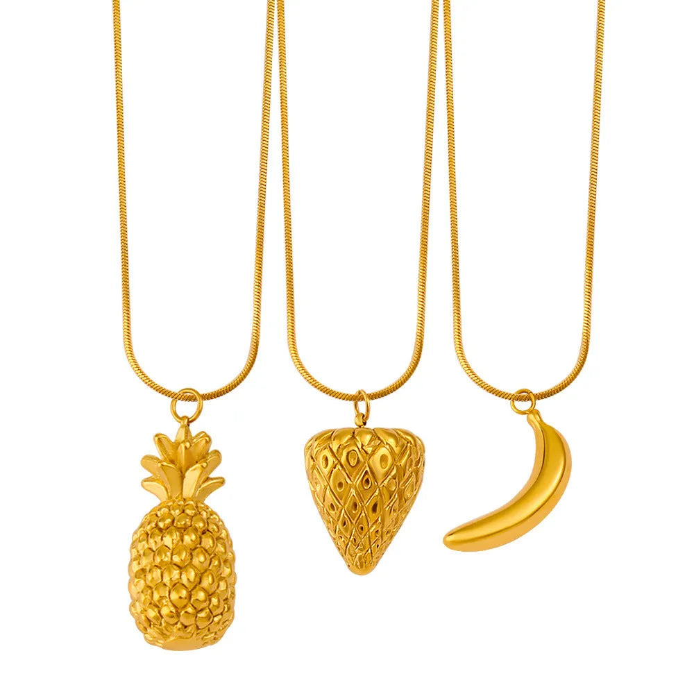 Alloy fruit pendant necklace with apple, grape, watermelon, banana, pineapple, strawberry designs on stainless steel chain.