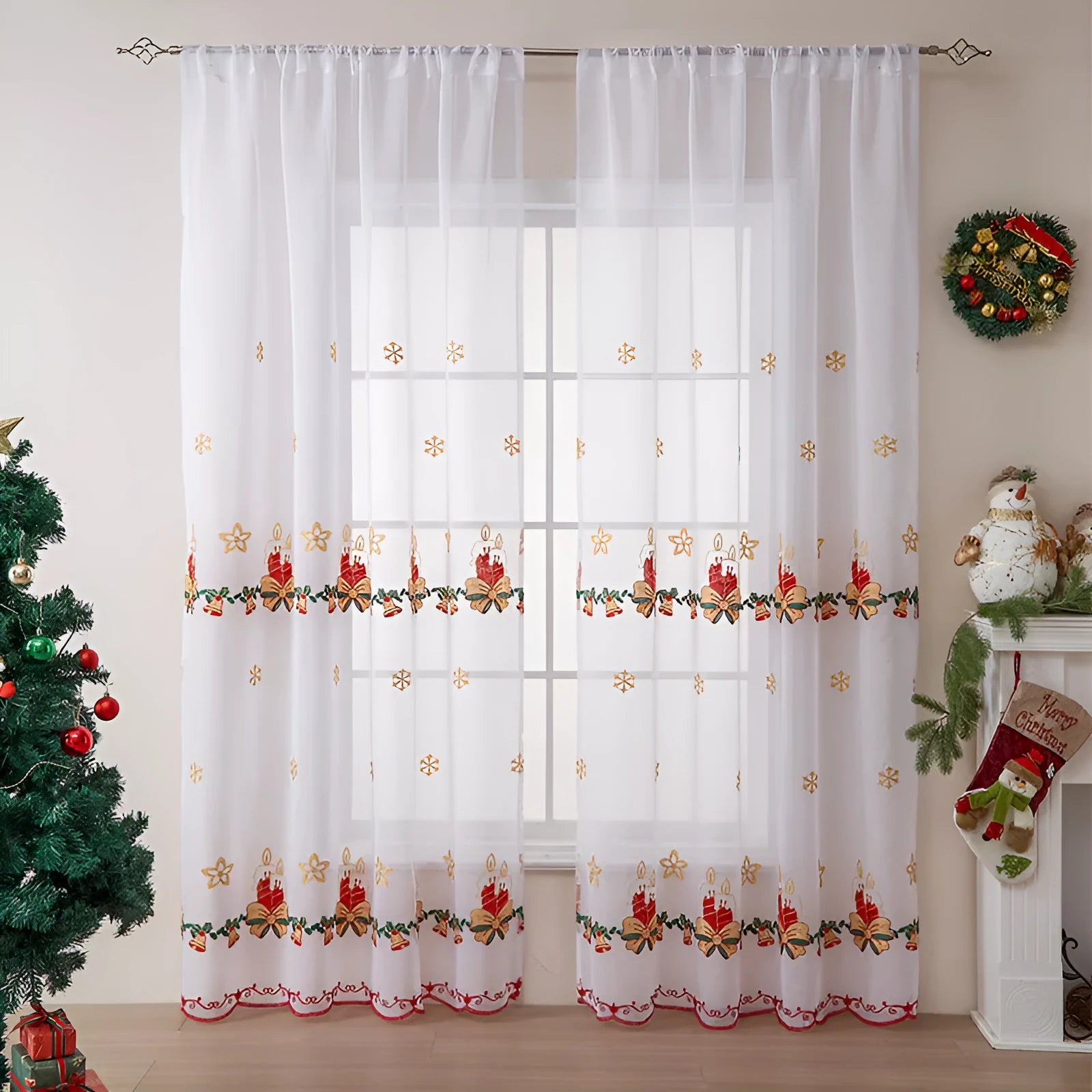 American Christmas curtain with embroidered snowflake design in red and white colour scheme