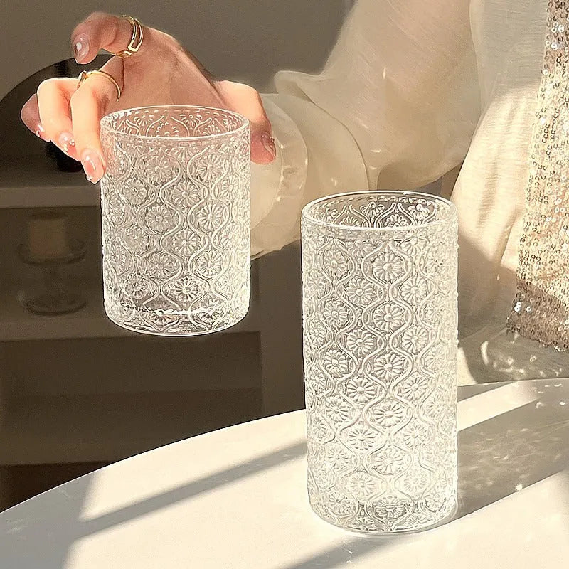 A solid colour begonia patterned glass water cup shown in both tall 380ml and short 250ml sizes.
