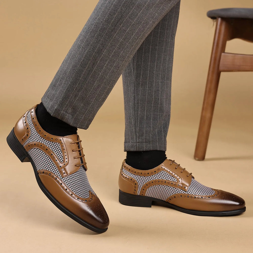 Men's black houndstooth pattern casual shoes with square toe and lace-up front.