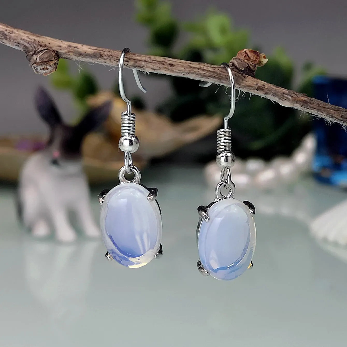 Moonlight white opal drop earrings with ellipse moonstone and retro cross design