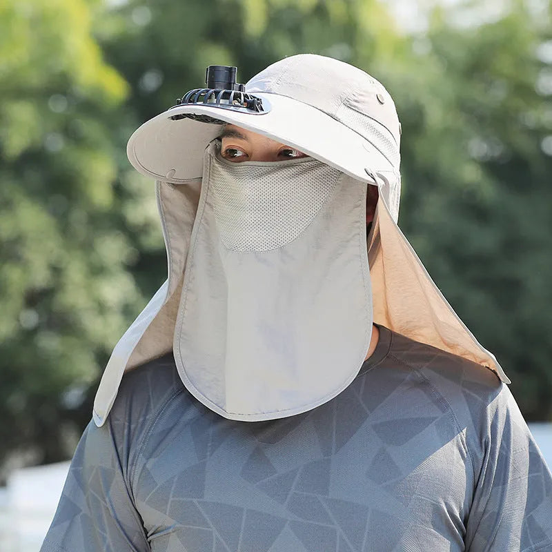 Men's khaki sun protection hat with USB fan and attached face covering shawl for neck protection.