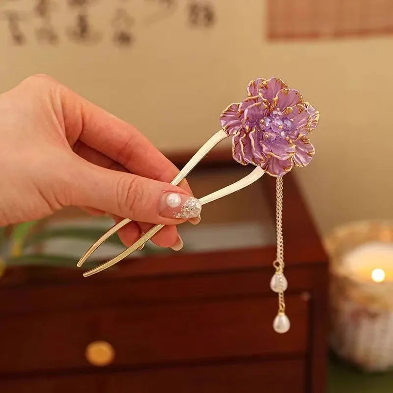 Purple and white alloy U-shaped hairpin with peony flower tassel design