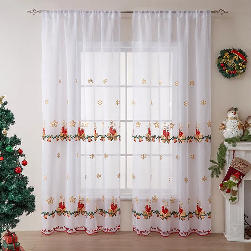 American Christmas curtain with embroidered snowflake design in red and white colour scheme