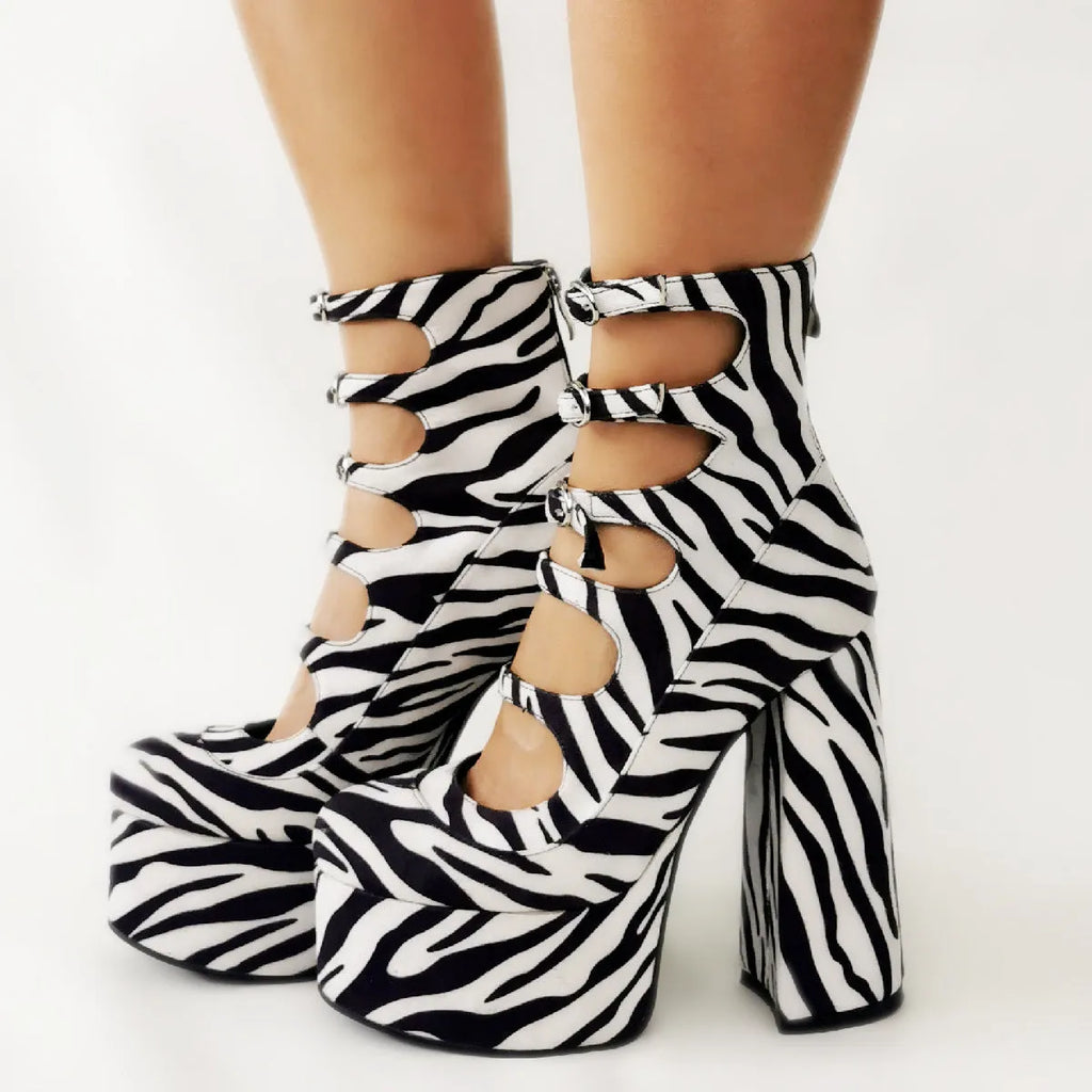 Women's black waterproof platform high heels with a thick heel, serpentine belt, and buckle fastening.